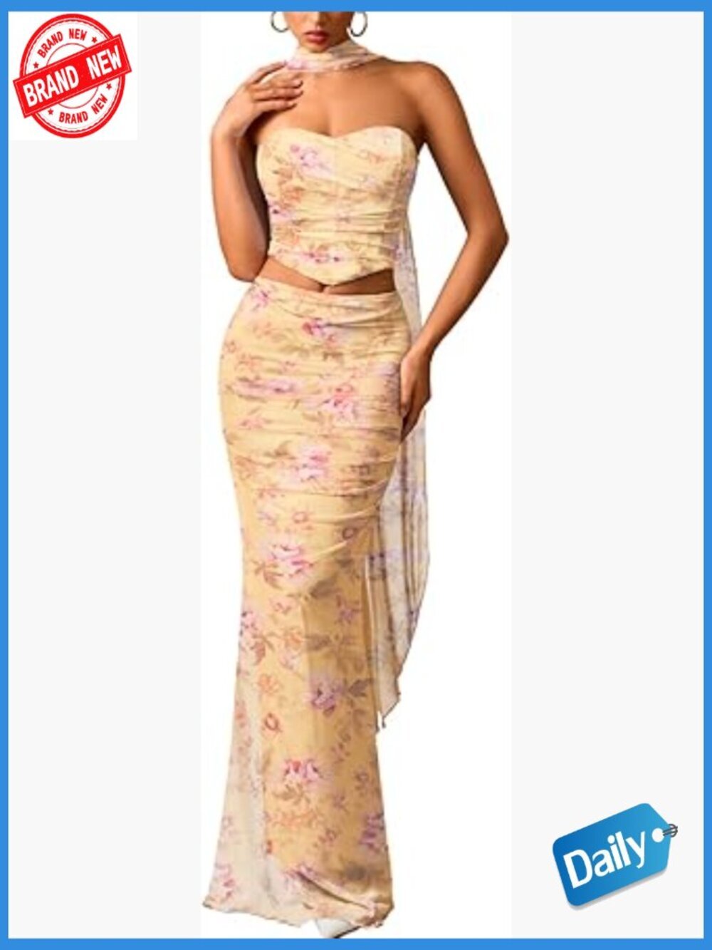 3-Piece Mesh Wedding Guest Skirt Set with Tube Top & Scarf